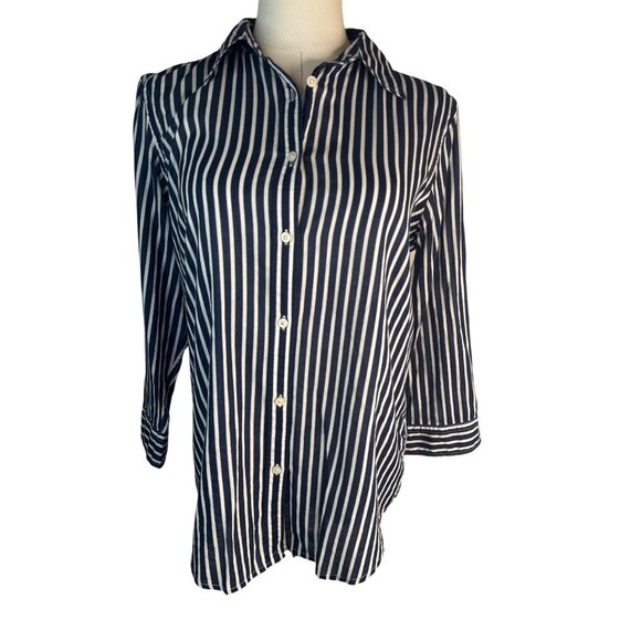 Lauren Ralph Lauren Medium Navy & White Striped Button-Up Shirt M 100% Cotton - Picture 7 of 10